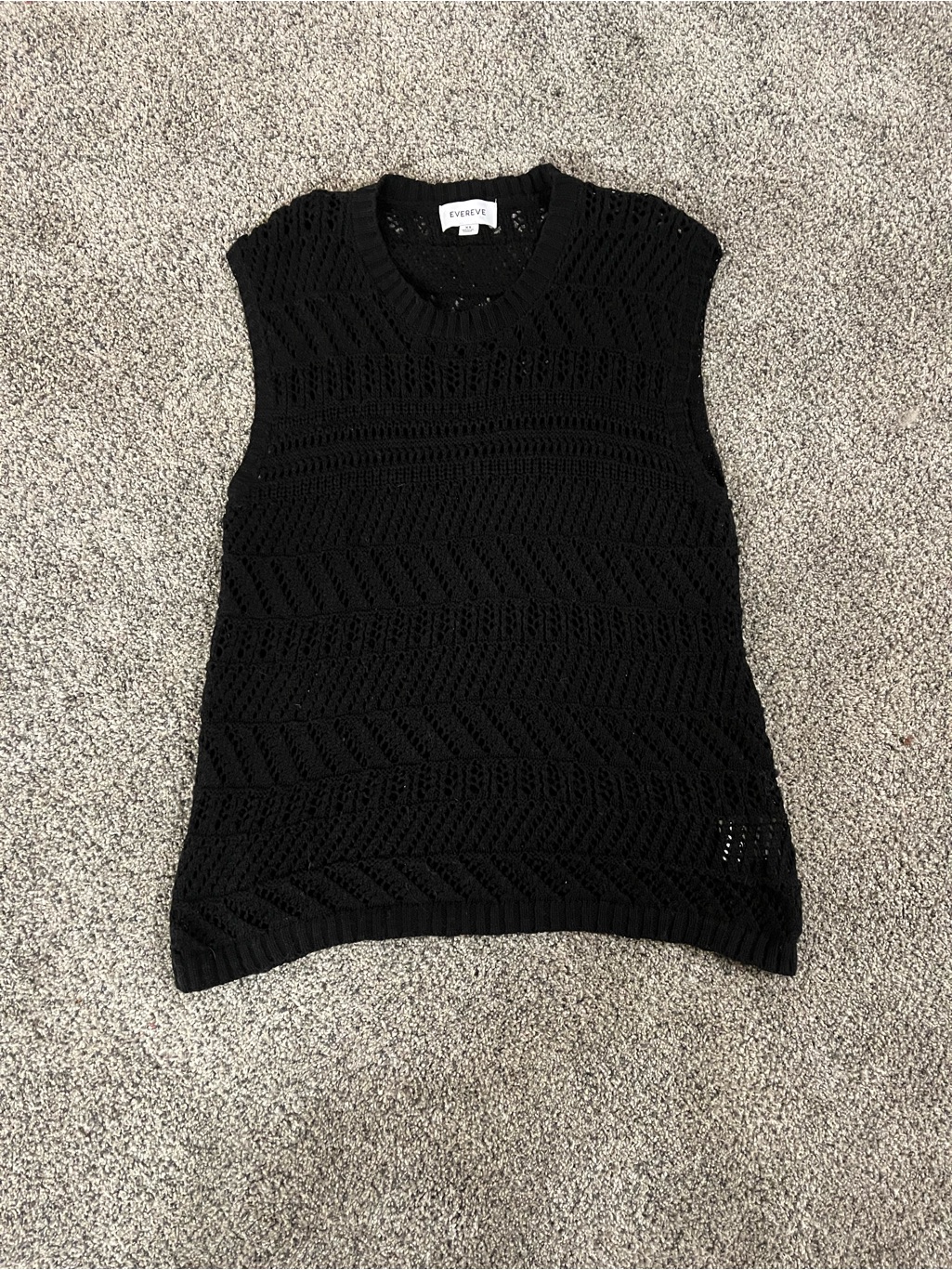 Evereve Black Knit Crochet Sleeveless Cropped Top Crew Neck 100% Cotton Xs